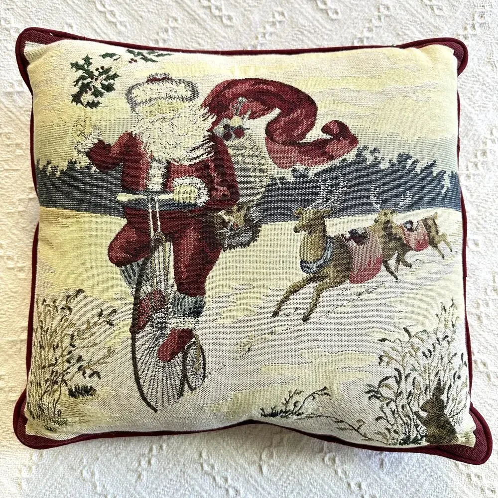 Vintage Santa Tapestry Throw Pillow Holiday Christmas Decor Unicycle Bunny 17x16